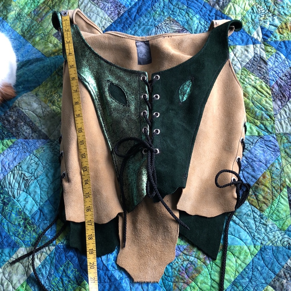 S/M Red Paw Hooded Suede Bodice Elven Leaf Details Patchwork Lace Up - Picture 5 of 8
